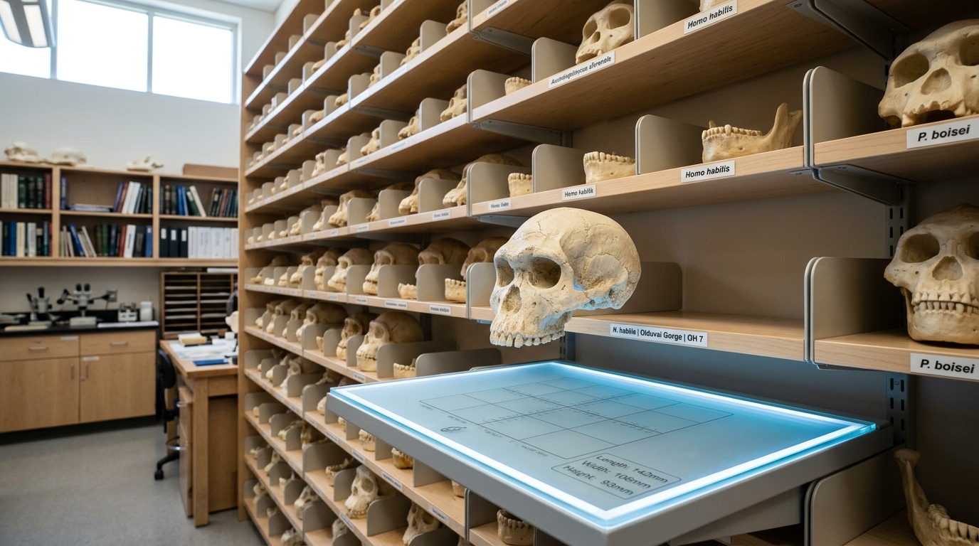 A researcher's-eye view along a shelving unit of hominin cranial casts under bright daylight, one cast lifted mid-comparison against a lit reference tray.