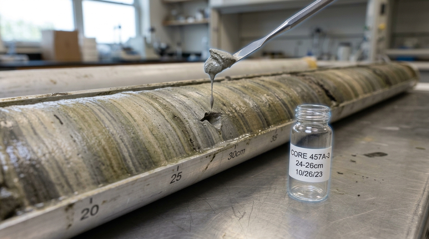 A split sediment core laid open on a stratigraphy table, a small sampling spatula mid-extraction from one dated layer.