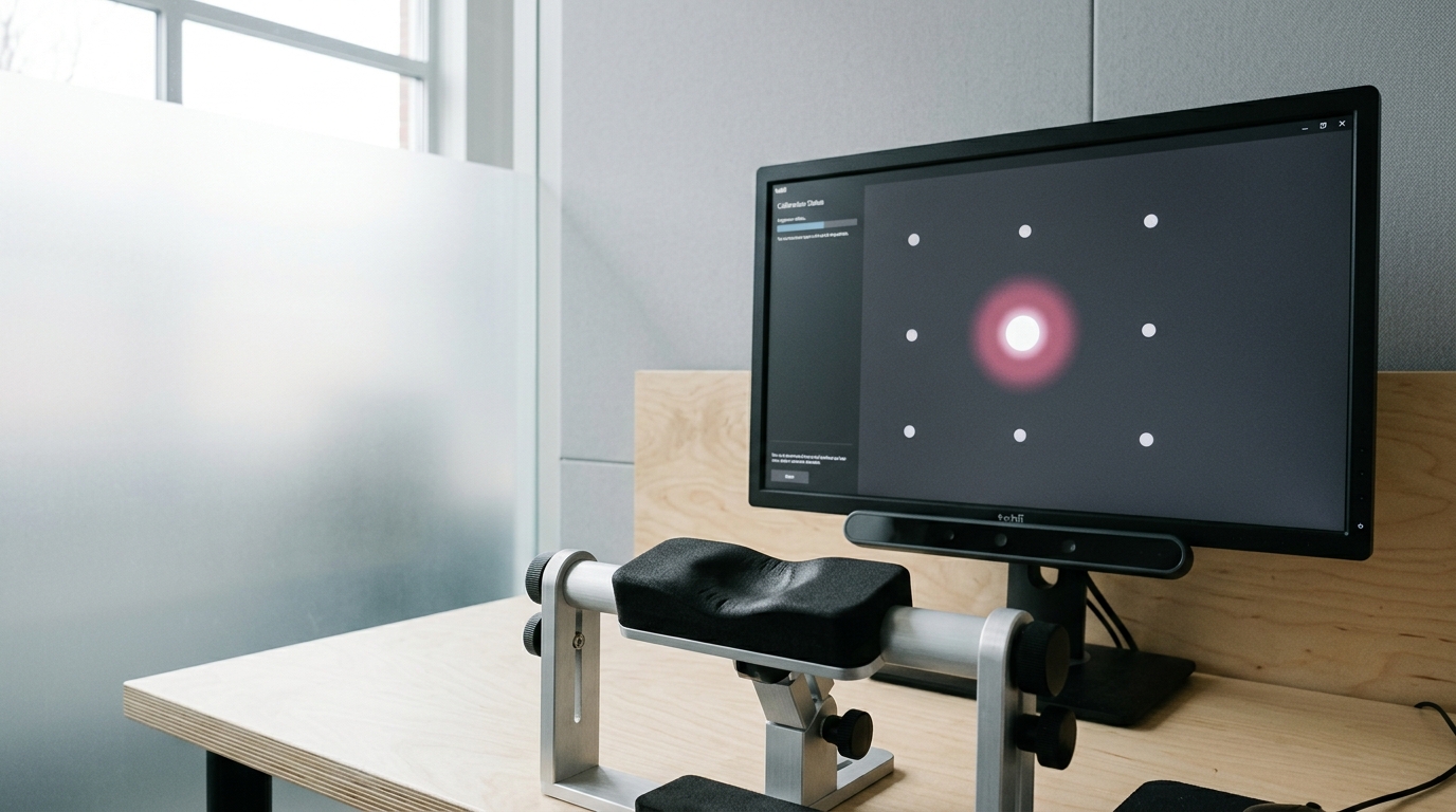 An eye-tracking usability booth with a chin rest and monitor mid-calibration, one-way glass in the background