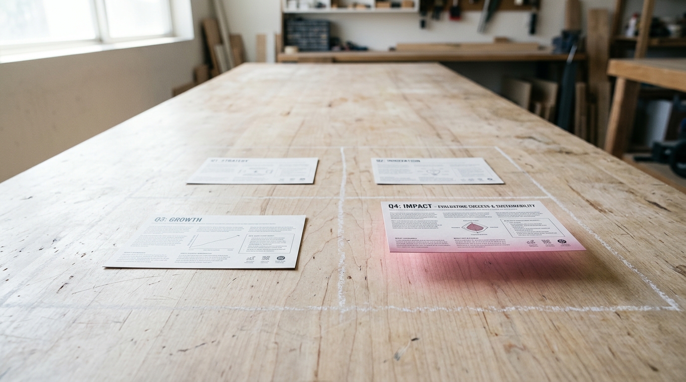 A long workshop table with a horizon-scanning scenario card deck spread out, one card being set into an open quadrant