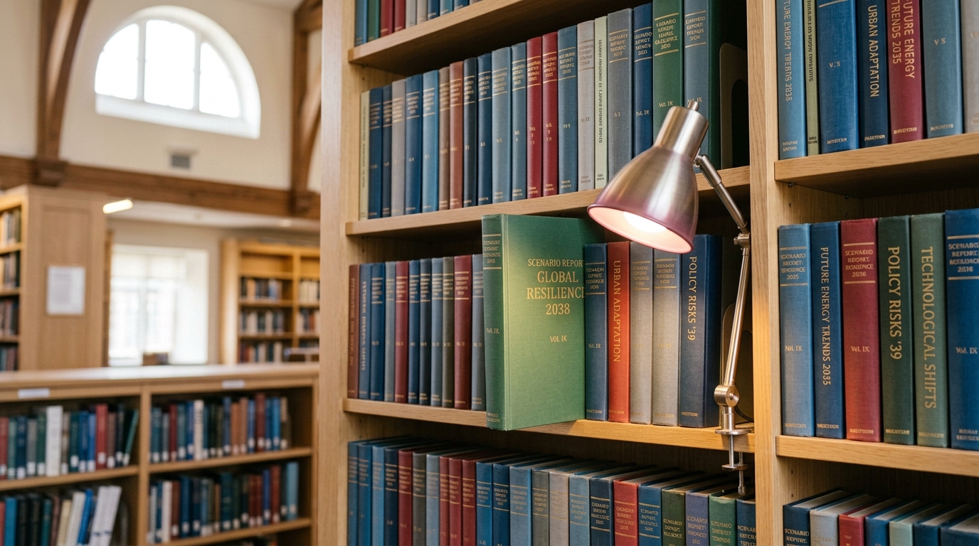 A shelf of bound scenario and indicator-tracking reports with one volume pulled halfway out