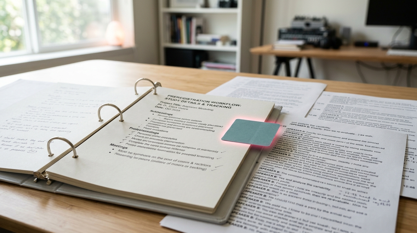 A coding room with preregistration binders and colour-tagged transcript printouts spread across a table, mid-annotation