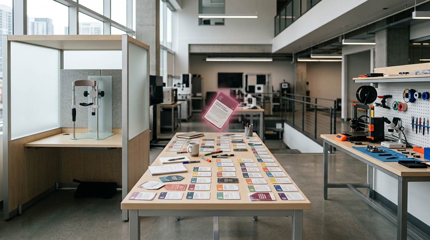 A wide research floor showing an eye-tracking booth, a scenario-card workshop table, and a replication bench in one bright room