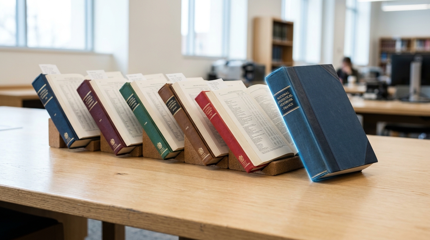 A wide reference table laid with several countries' bound national statistical yearbooks open at the same page range, one volume still being slid into place