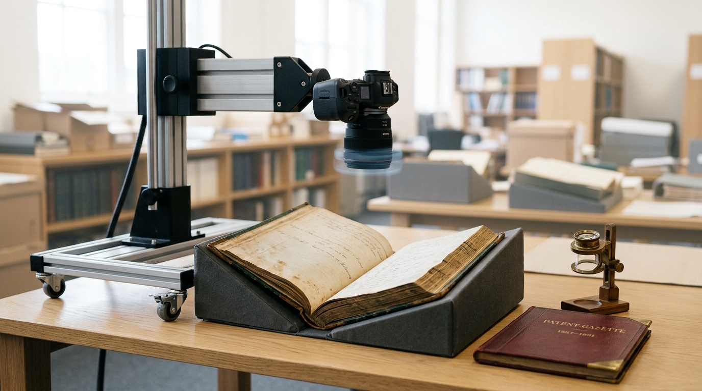 A wheeled archival copy stand with an overhead camera arm poised over an open company minute-book, shutter about to trip