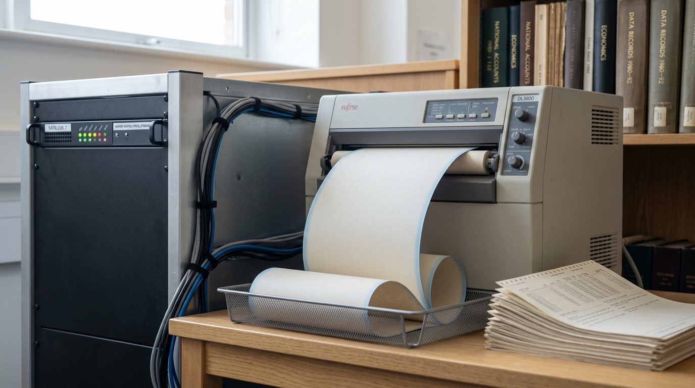 A rack-mounted server with an irregular status-light pattern beside a printer still curling out a continuous strip of paper into a tray