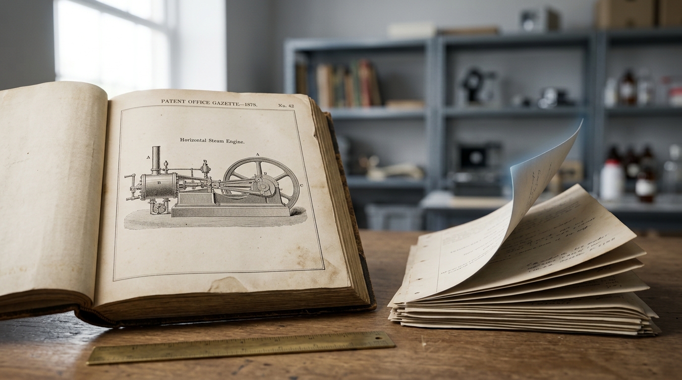 A patent-gazette volume open to an engraved steam-engine plate, positioned under the copy stand's lens with a loose file of related pages fanned beside it