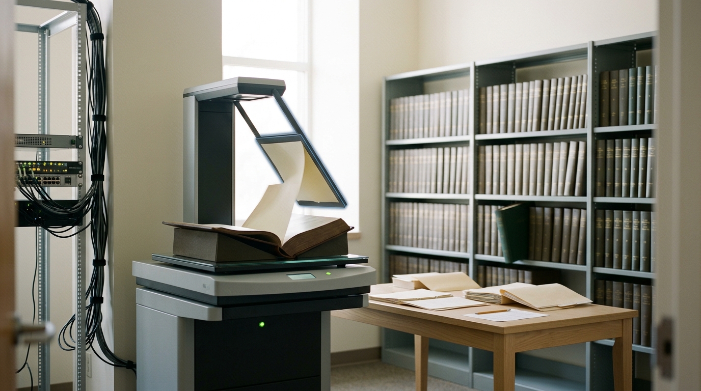 A wide research lab with a planetary book-scanner cradle holding an open bound ledger mid-page-turn, a server rack of panel-data jobs, and shelved patent-gazette volumes, seen together across one room