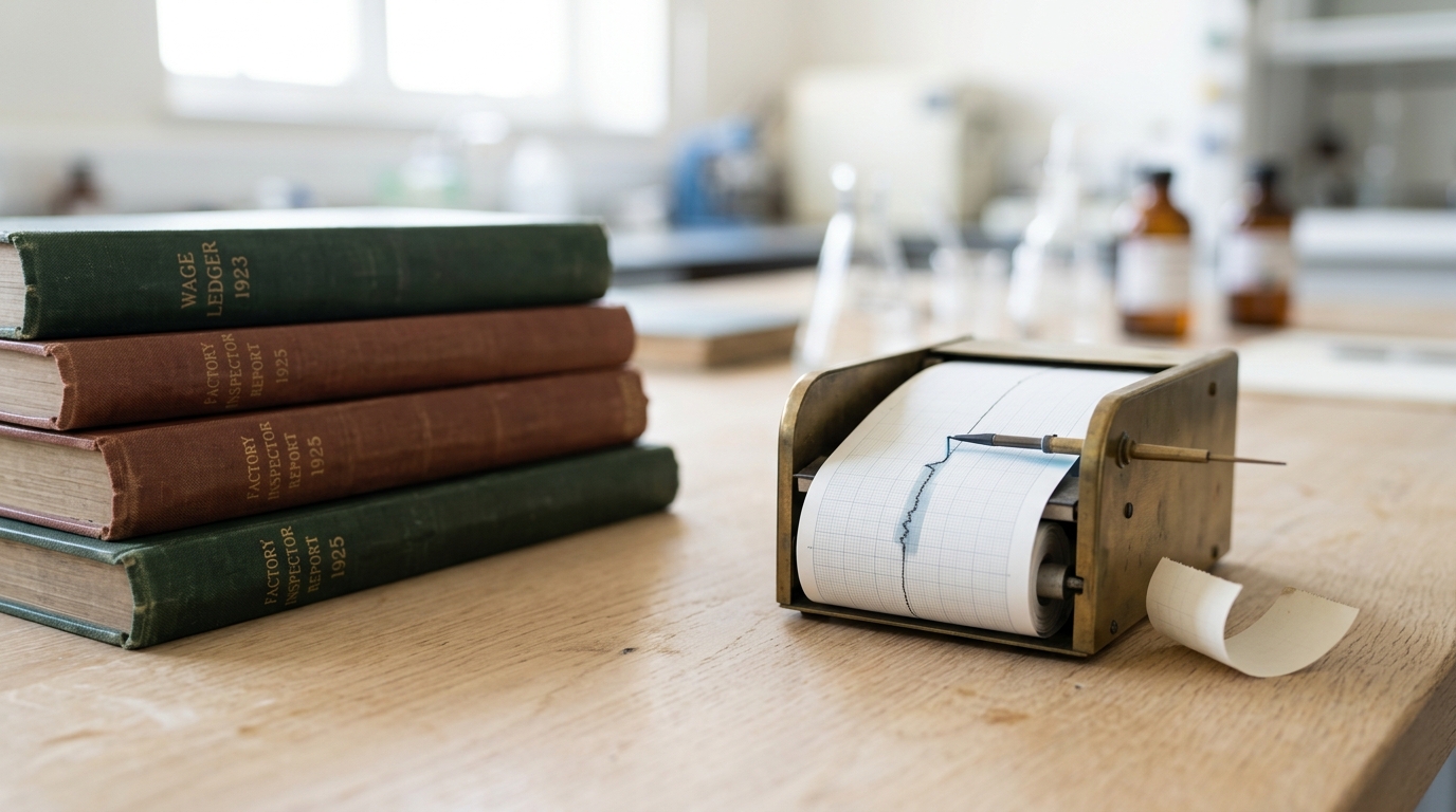 A stack of bound wage ledgers and factory-inspector reports with a narrow strip-chart recorder still tracing a line onto a paper roll beside them