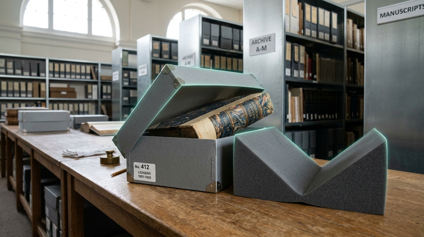 An archive examination table with a customs ledger box half-open and a foam cradle awaiting the volume