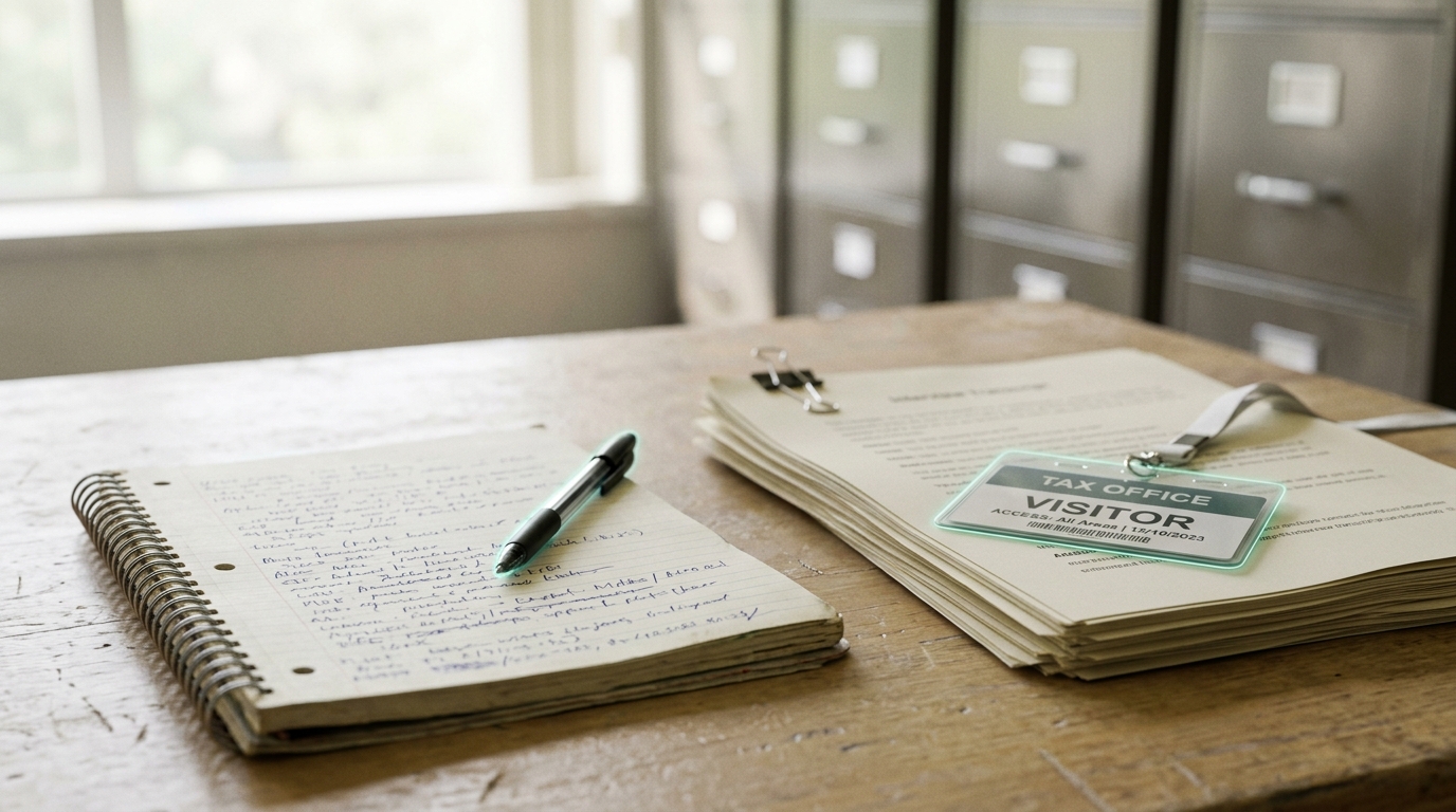 A field desk with interview transcripts, a tax-office visitor badge, and a notebook open mid-entry