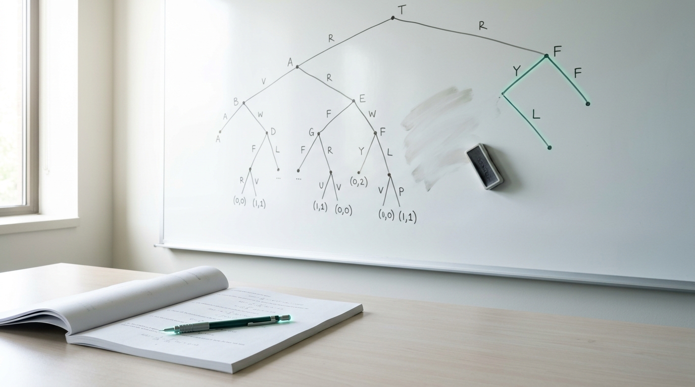 A whiteboard with a half-erased extensive-form game tree beside a freshly chalked new branch, a bound working paper open on the desk below