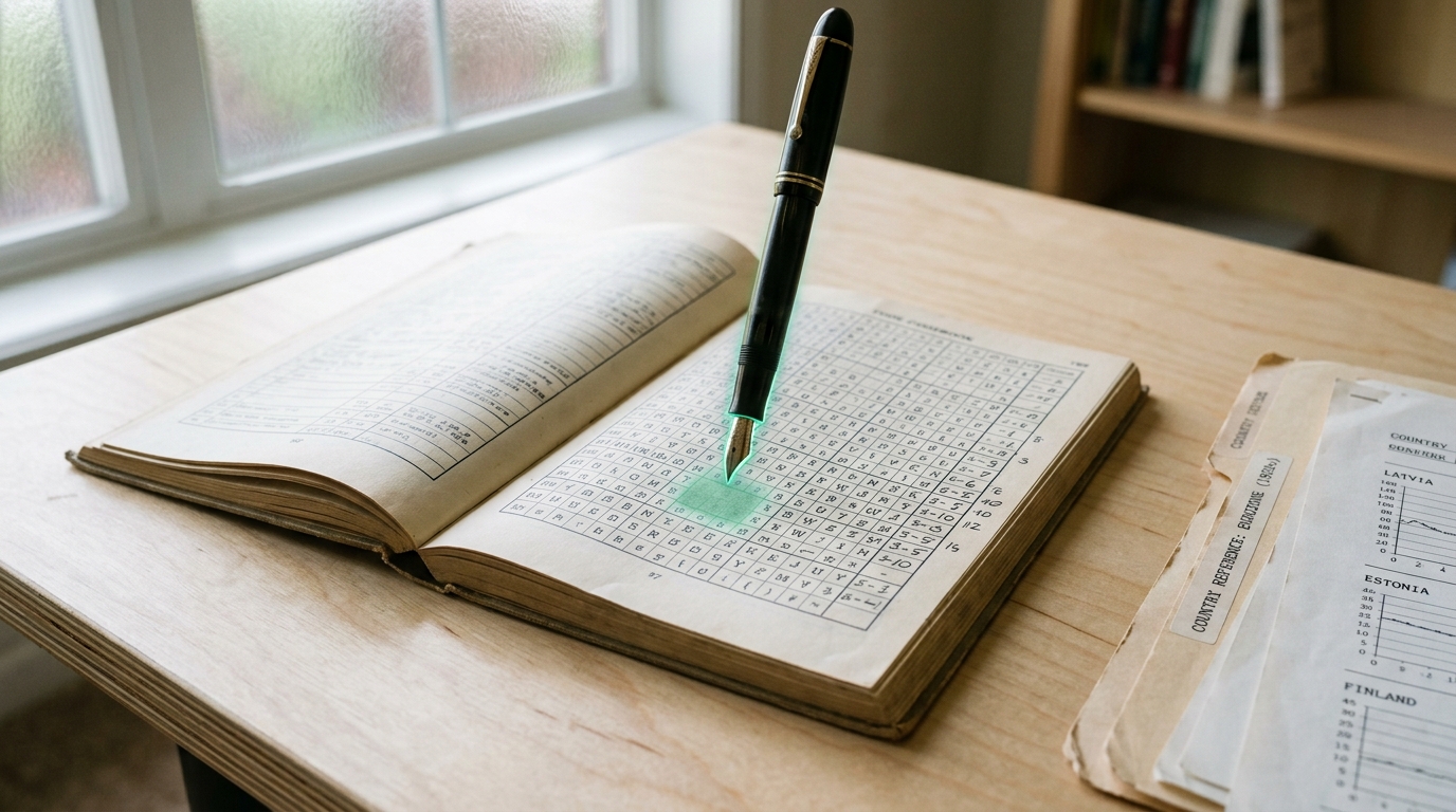 A rating desk with an open expert-survey codebook, a country folder, and a paused pen mid-score