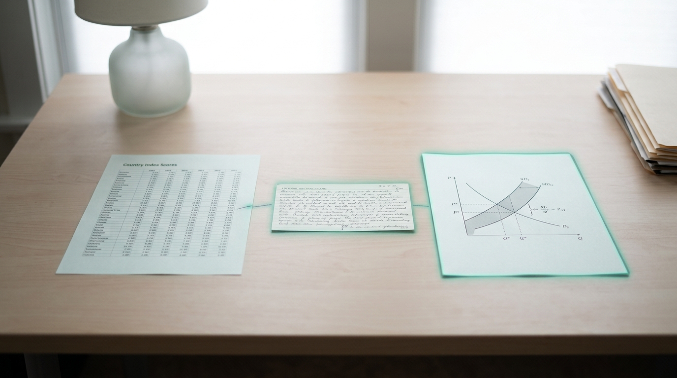A triangulation desk where a printed index spreadsheet, an archival abstract card, and a model's equilibrium diagram are laid side by side, not yet reconciled