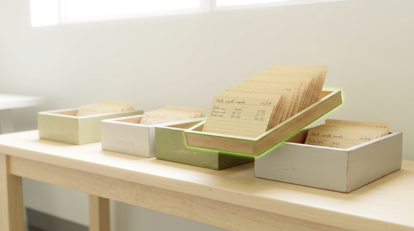 A shallow wooden tray of task cards tipping toward one of three labeled bins on a bench, the tray held at the exact balance point
