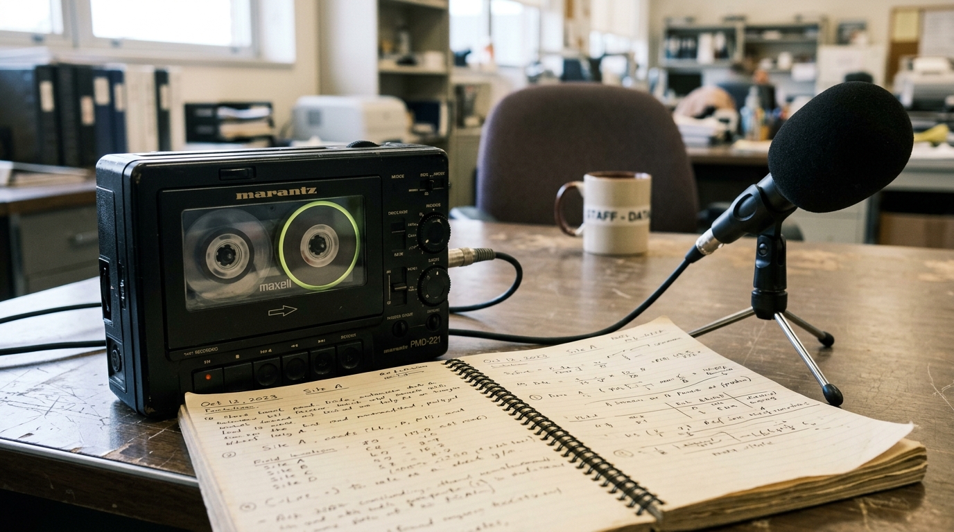 A boxy cassette field recorder with its foam windscreen sitting on an open field notebook, its reels turning, on a break-room-style table