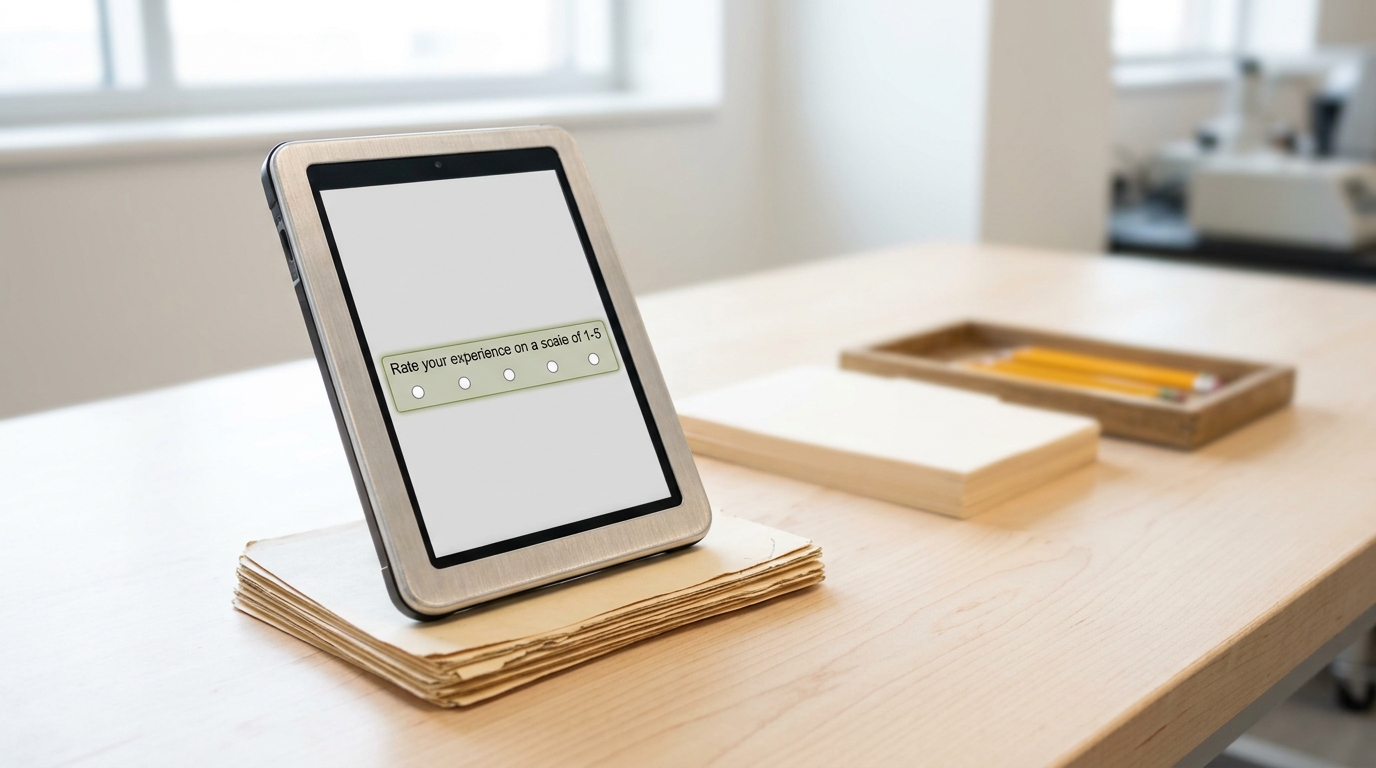 A handheld field tablet propped on a stack of task cards, its structured survey form mid-scroll with one rating still unanswered