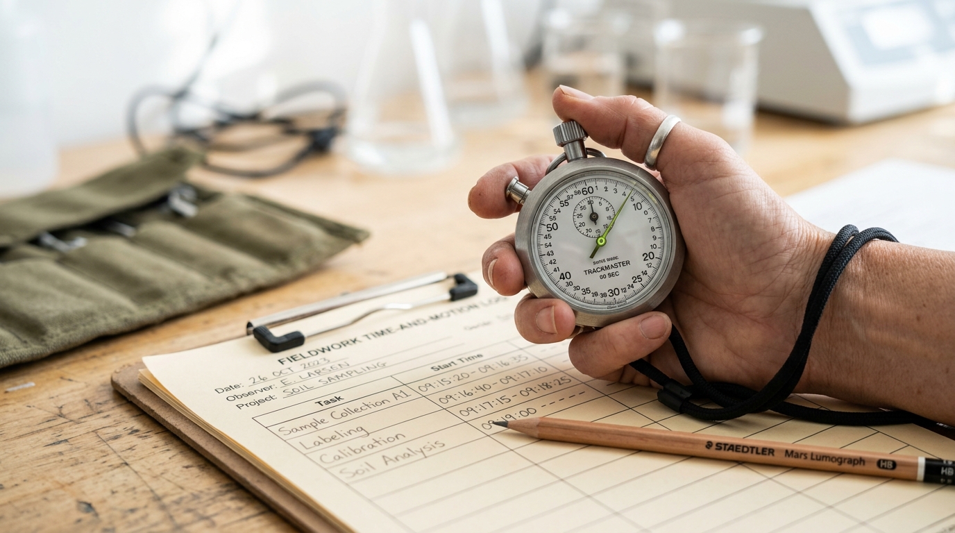 A brushed-steel lab stopwatch held above a clipboard of timed task entries at the edge of a real workstation, its second hand still sweeping