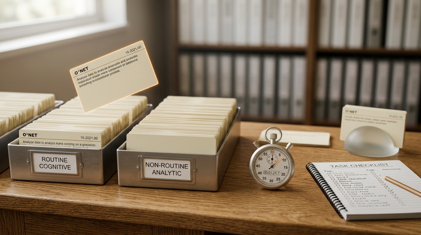 A wide pegboard of manila task cards being sorted into labeled bins on a birch bench, one card still in mid-air over the boundary between two bins
