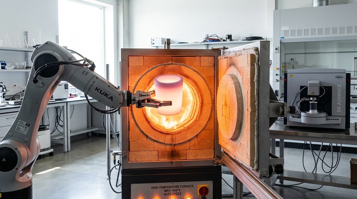A robotic arm transferring a crucible into a furnace as a diffractometer scan completes nearby