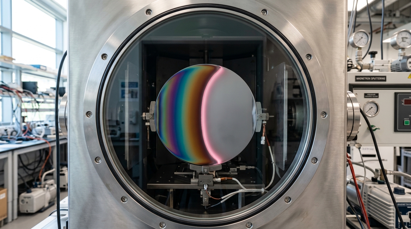 A gradient thin-film composition library on a wafer under a sputtering chamber viewport