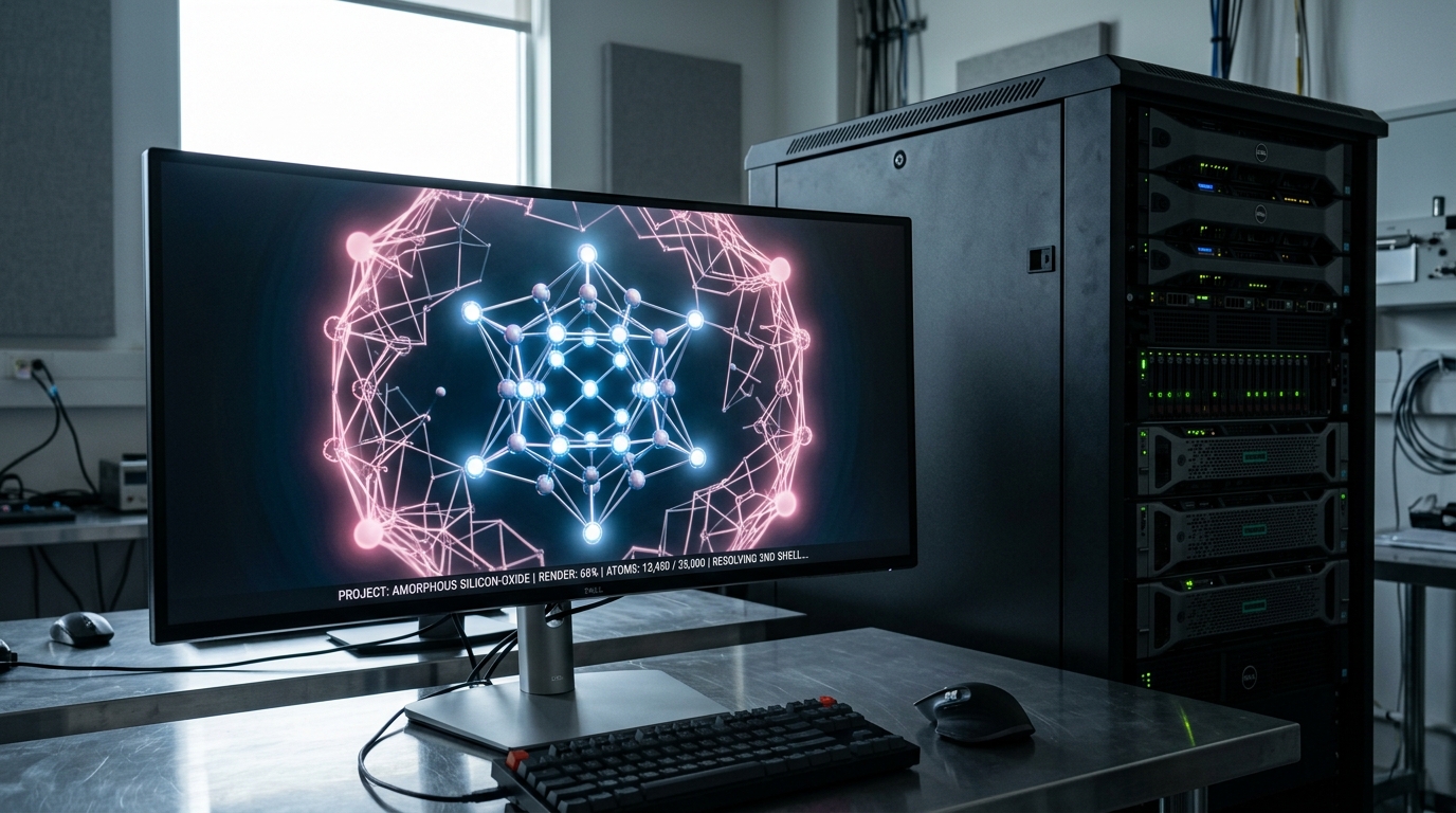 A rack of compute nodes beside a monitor showing a rotating crystal structure mid-render