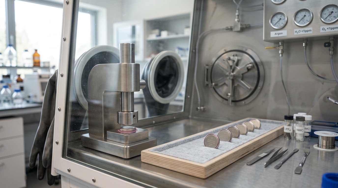An argon glovebox mid-crimp on a coin cell with a rack of finished cells beside it