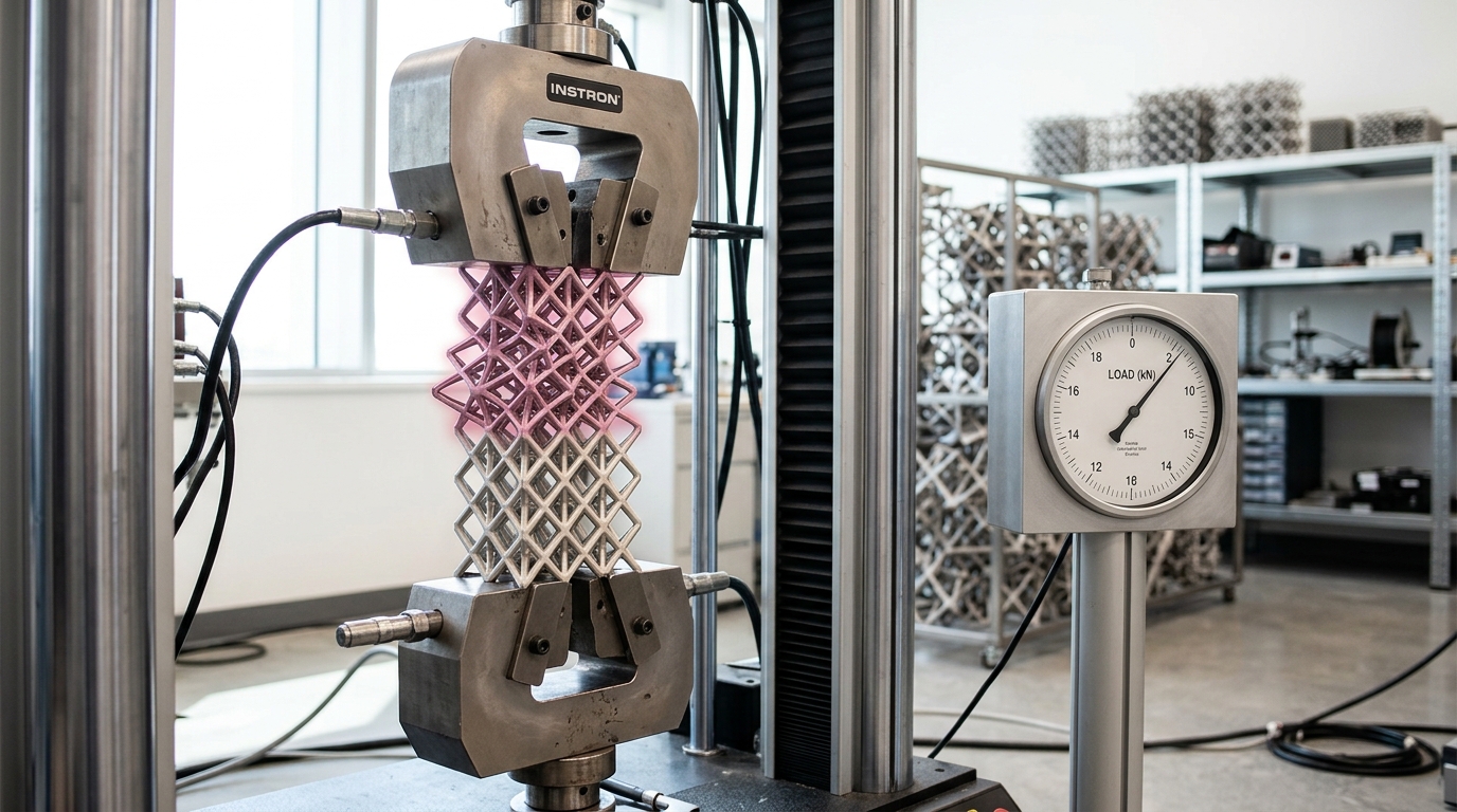 A tensile-test rig closing its jaws on a lattice-metamaterial coupon mid-deformation