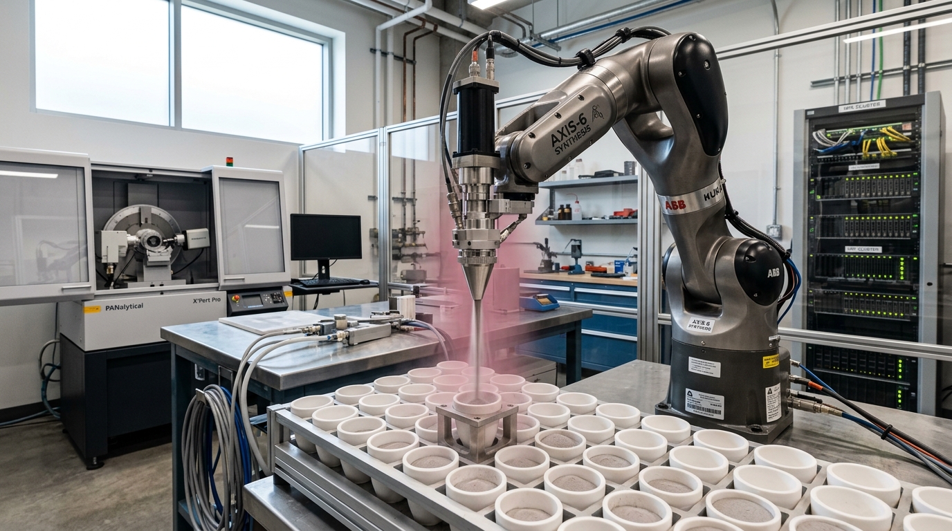 A robotic arm mid-dispense over a rack of crucibles beside a diffractometer and a bank of compute servers