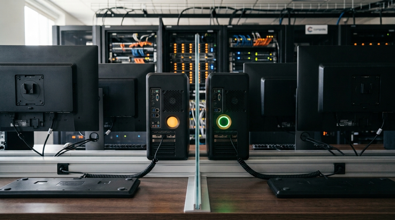 Two workstations running competing numerical solvers side by side on a bench, one finishing a fraction ahead