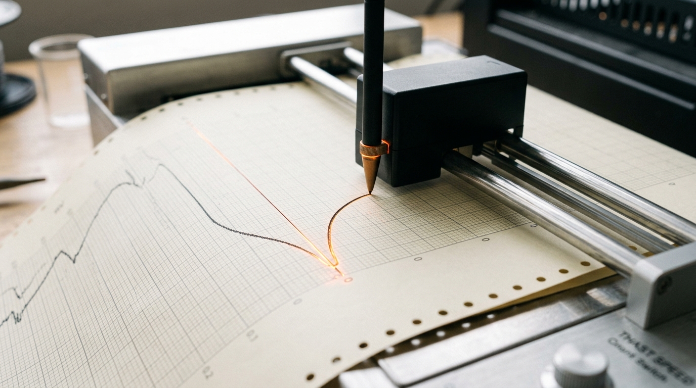 A wide computational mathematics laboratory with compute racks, proof-assistant workstations, and a strip-chart plotter mid-print