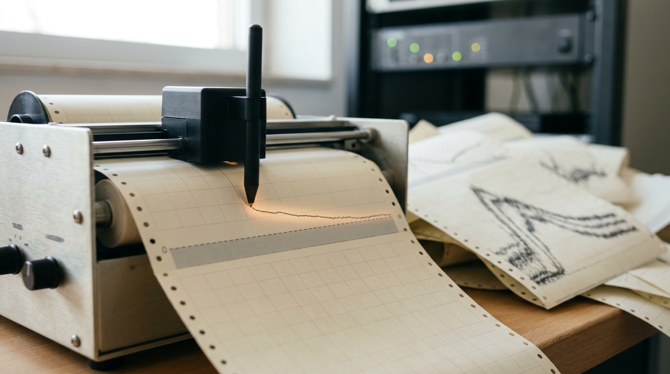 A thermal strip-chart plotter mid-print, tracing a numerical simulation's residual curve as it converges
