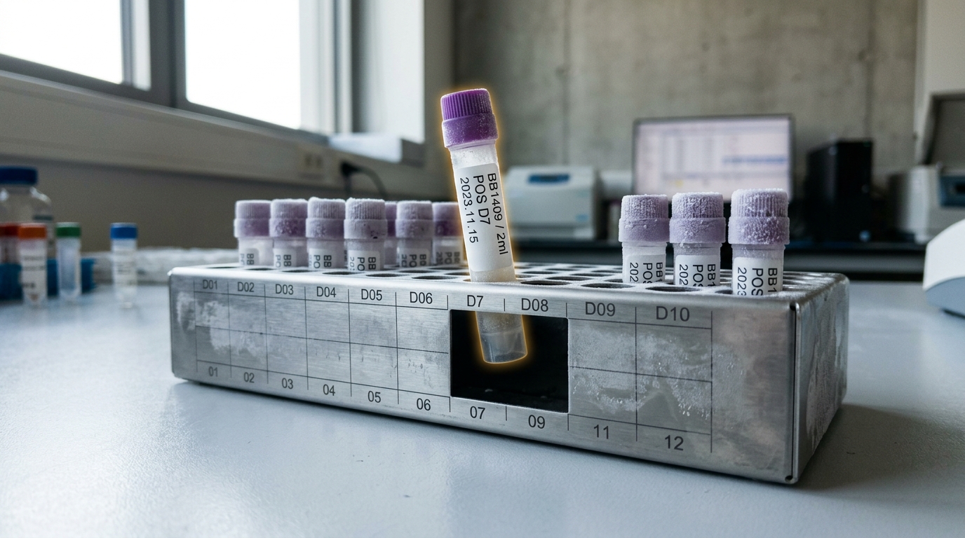 A rack of barcode-labelled sample tubes from a population biobank, one tube lifted a few centimetres clear of its slot mid-retrieval while the rest remain seated