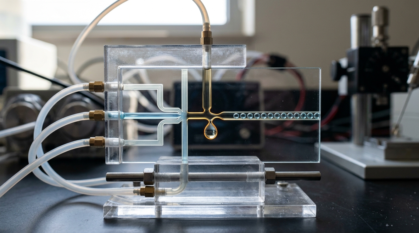 A single-cell droplet-microfluidics chip lit from below, one droplet caught mid-formation at the junction while a line of already-formed droplets streams away down the channel