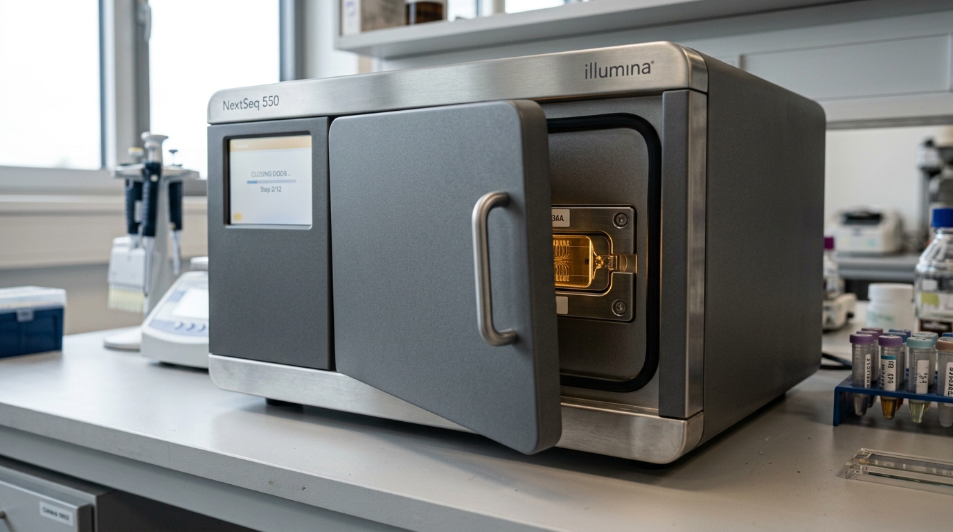 A benchtop sequencer's flow-cell door closing over a loaded glass flow cell, the latch not yet seated and a sliver of the illuminated channel still visible through the closing gap
