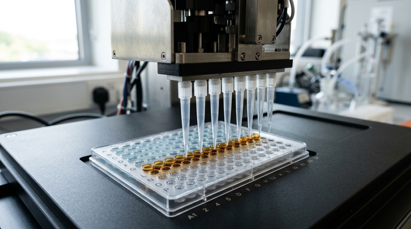A liquid-handling robot's pipette head lowering a row of tips toward a 384-well plate of CRISPR guide-RNA library, most wells already dosed and darkened while three tips are still mid-descent into the next row