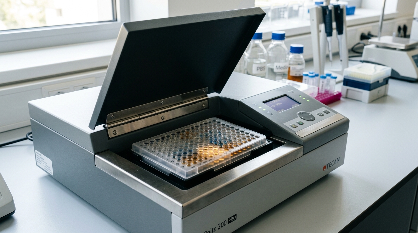 A microplate reader's lid rising just clear of a loaded 384-well plate, one corner of the plate still in the reader's shadow while the rest catches bright bench light