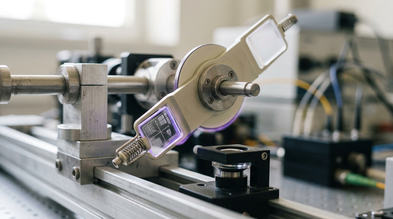 A calibration test-target wheel mid-swap between a blank abiotic-control chip and a candidate-signal chip, both held in a spring clip a moment before the wheel seats
