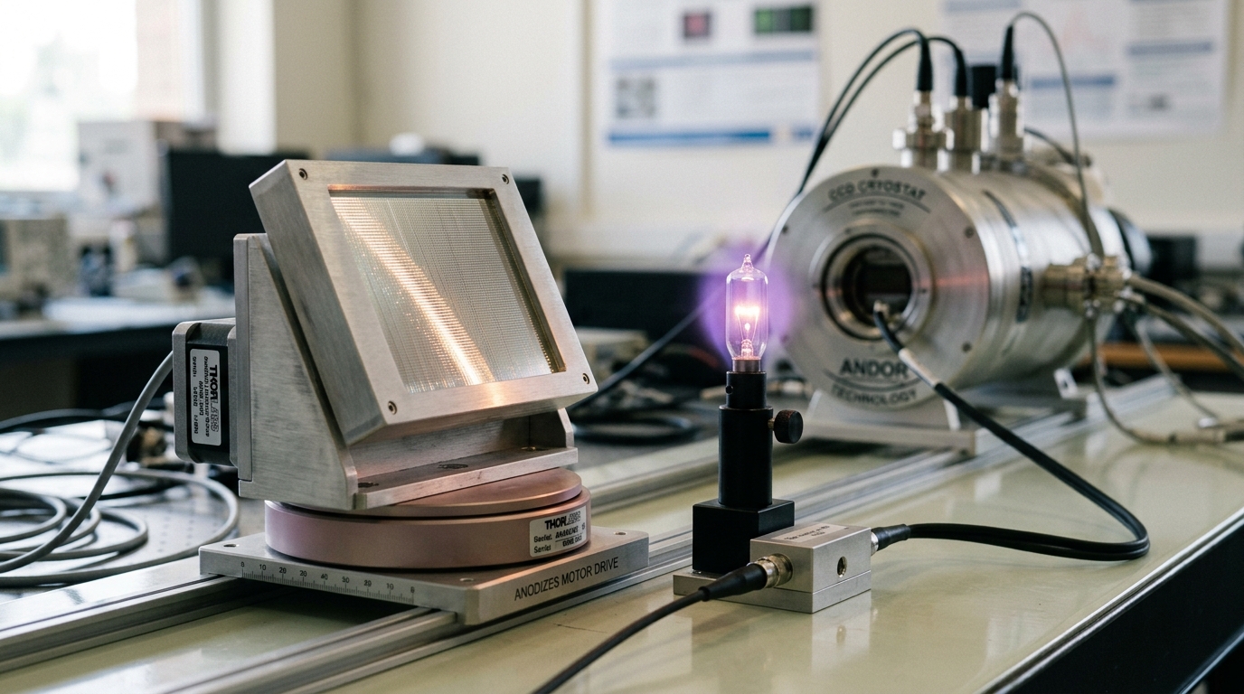 An echelle spectrograph's diffraction grating caught mid-turn on its turntable, a calibration lamp behind it just struck and still climbing to full brightness