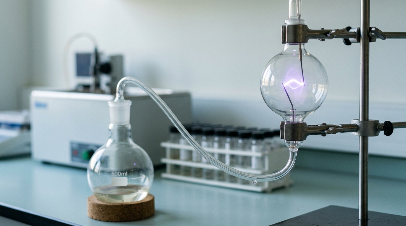 A sealed glass spark-discharge bulb wired to electrodes, a faint arc caught mid-flash inside the gas mixture while condensate collects along the return line to a flask below