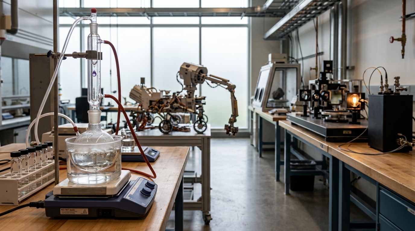 A wide instrument-calibration floor with three benches receding along it: a reflux flask over a water bath in the foreground, a rover sampling arm and turret at mid-distance, and an echelle spectrograph bench with a lit calibration lamp furthest back