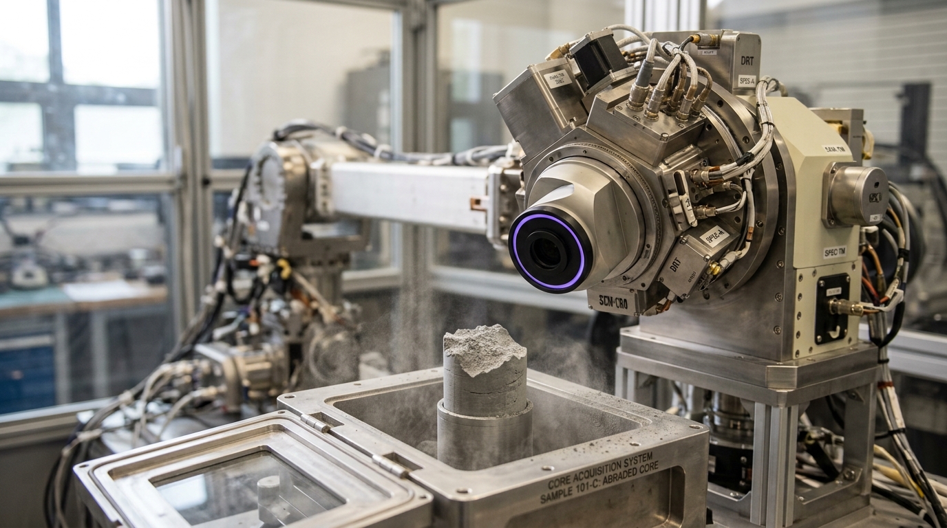 A rover instrument turret paused mid-rotation over an exposed rock-core cassette, its spectrometer nose not yet aligned with the sample window