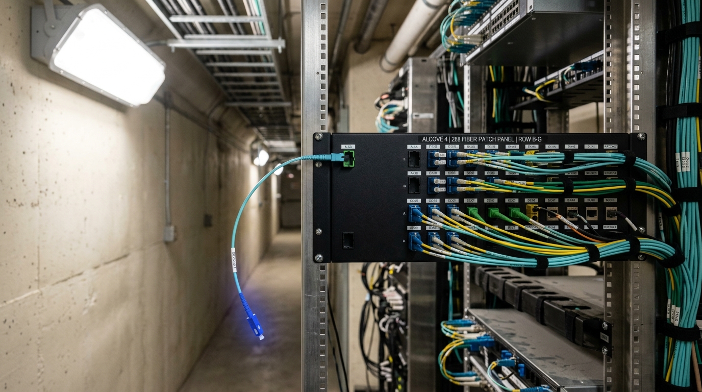 A technician's cable patch panel mid-rewire in an underground detector control alcove, one connector unplugged