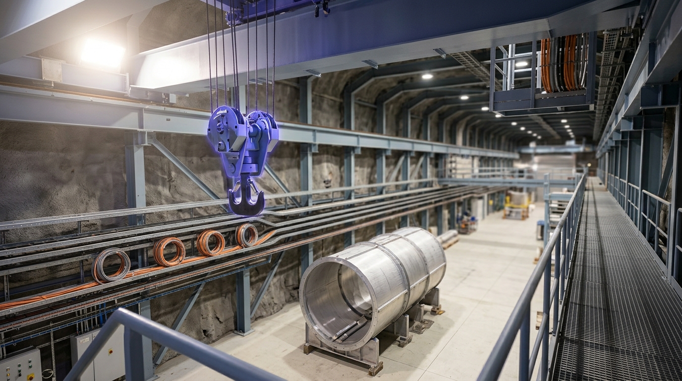 An overhead gantry crane paused mid-span above a partially assembled detector cavern floor