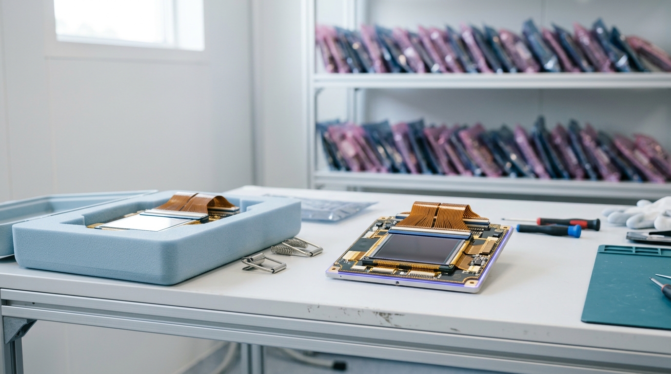 A silicon tracker module resting on a cleanroom assembly bench with a second module still in its transport tray