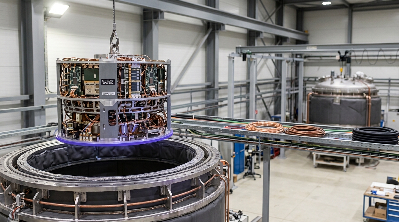 A detector inner tracker module being lowered into an open cryostat vessel in a bright underground assembly hall