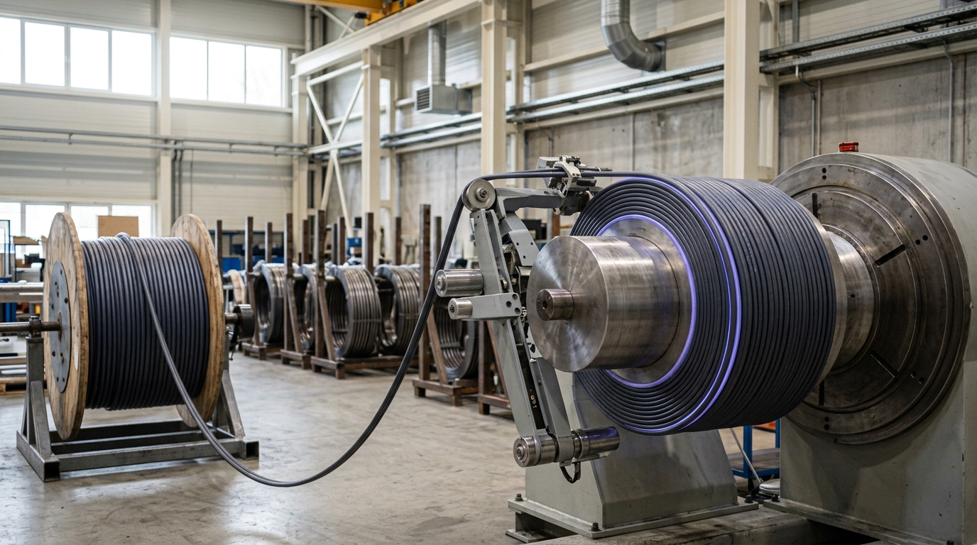 A superconducting magnet coil partway through being wound onto its mandrel in a bright fabrication bay