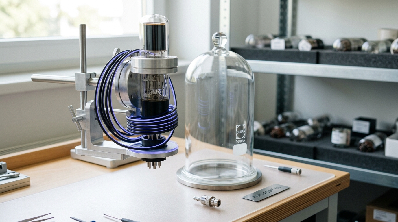 A photomultiplier tube being lowered by hand-off fixture into a calibration bell jar rig