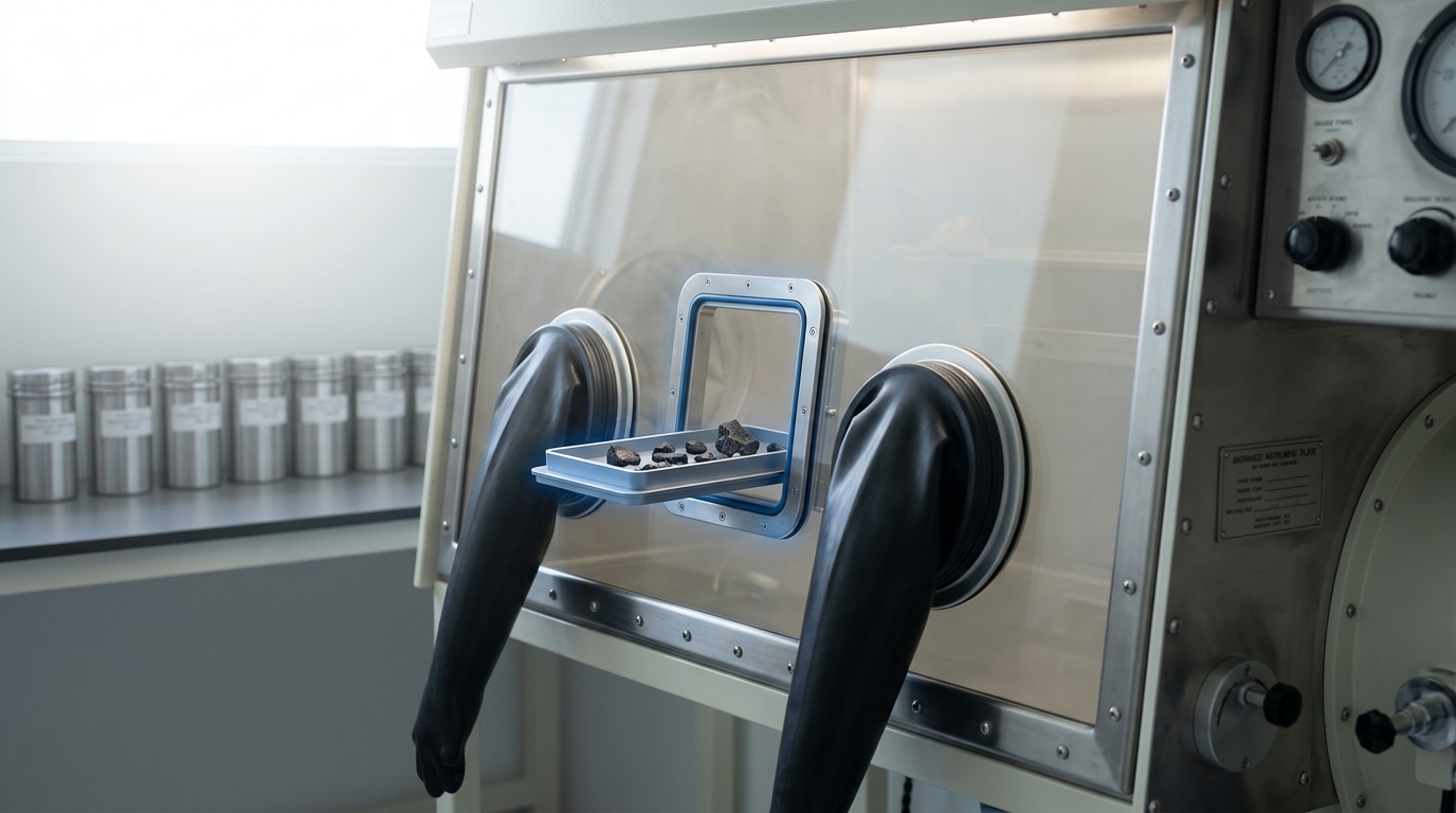 A nitrogen-filled sample curation glovebox with a small sample tray caught mid-slide from an inner transfer port, the port door still partway open