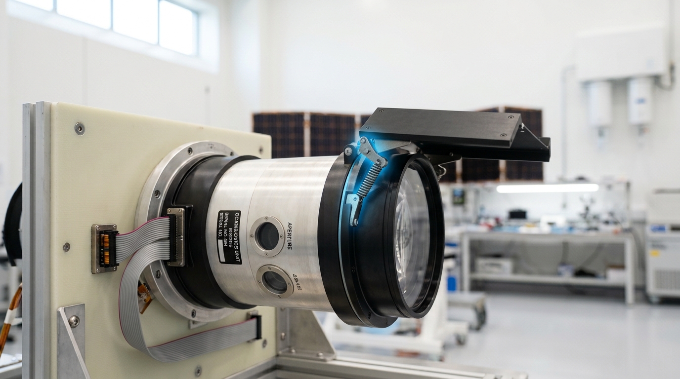 An orbiter camera and imaging-spectrometer package on a test stand in a clean room, its sunshade baffle still folded flat a hinge-width from locking open